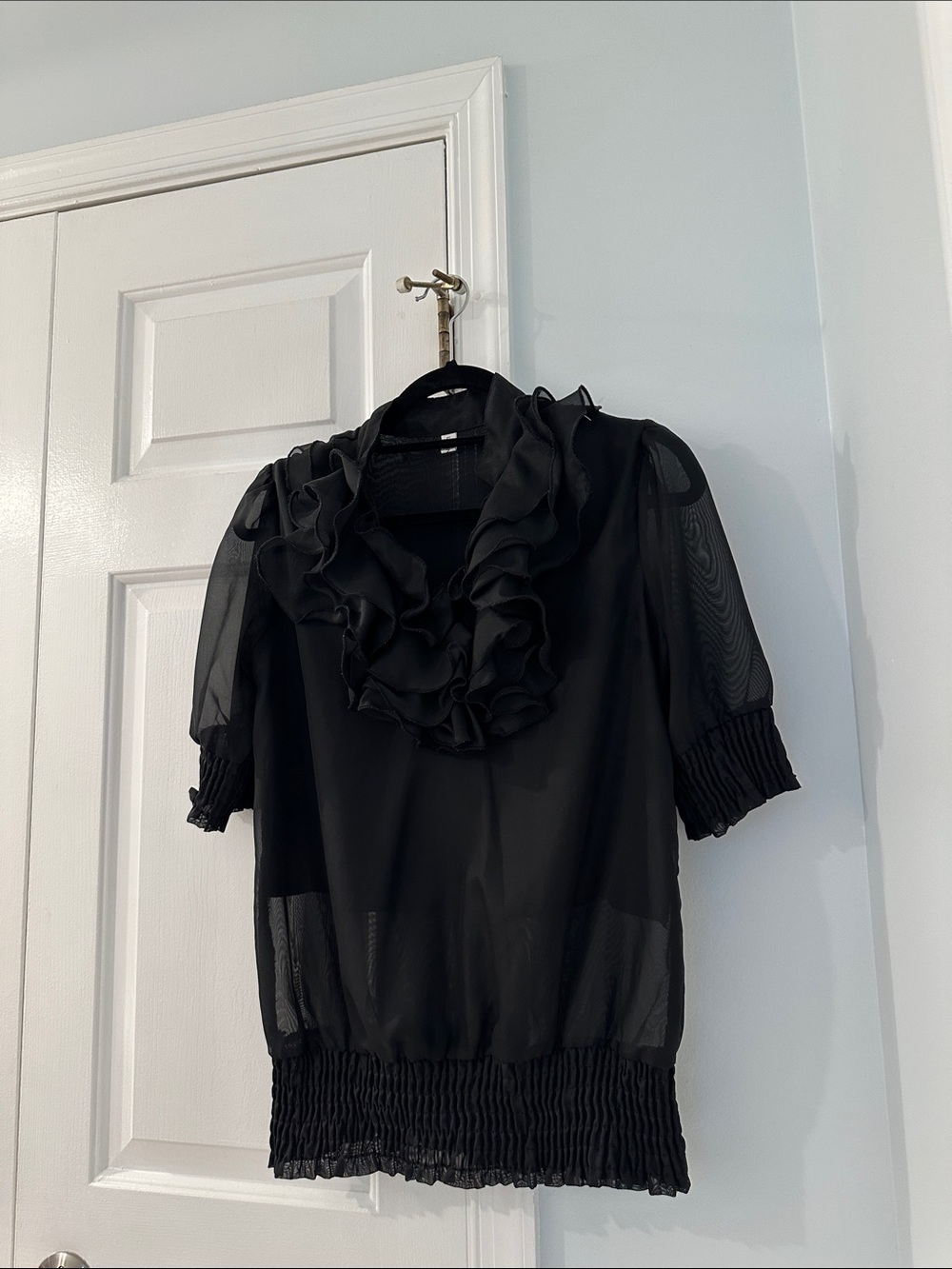 Lemon Style Black Ruffled Sheer Blouse - Women